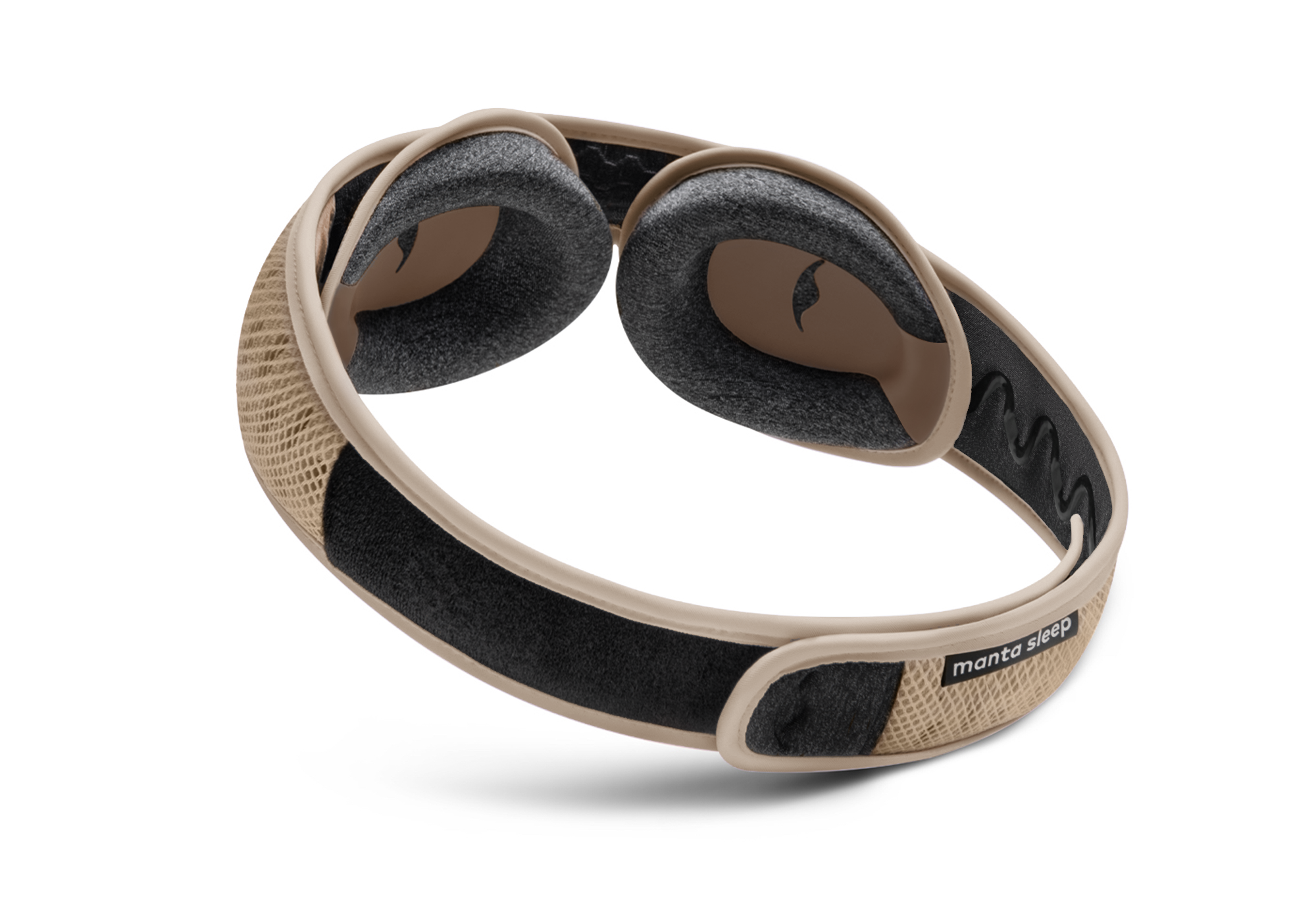 Angled inner view of the Manta PRO Sleep Mask showing the contoured grey foam eye cups and the wide, padded head strap.