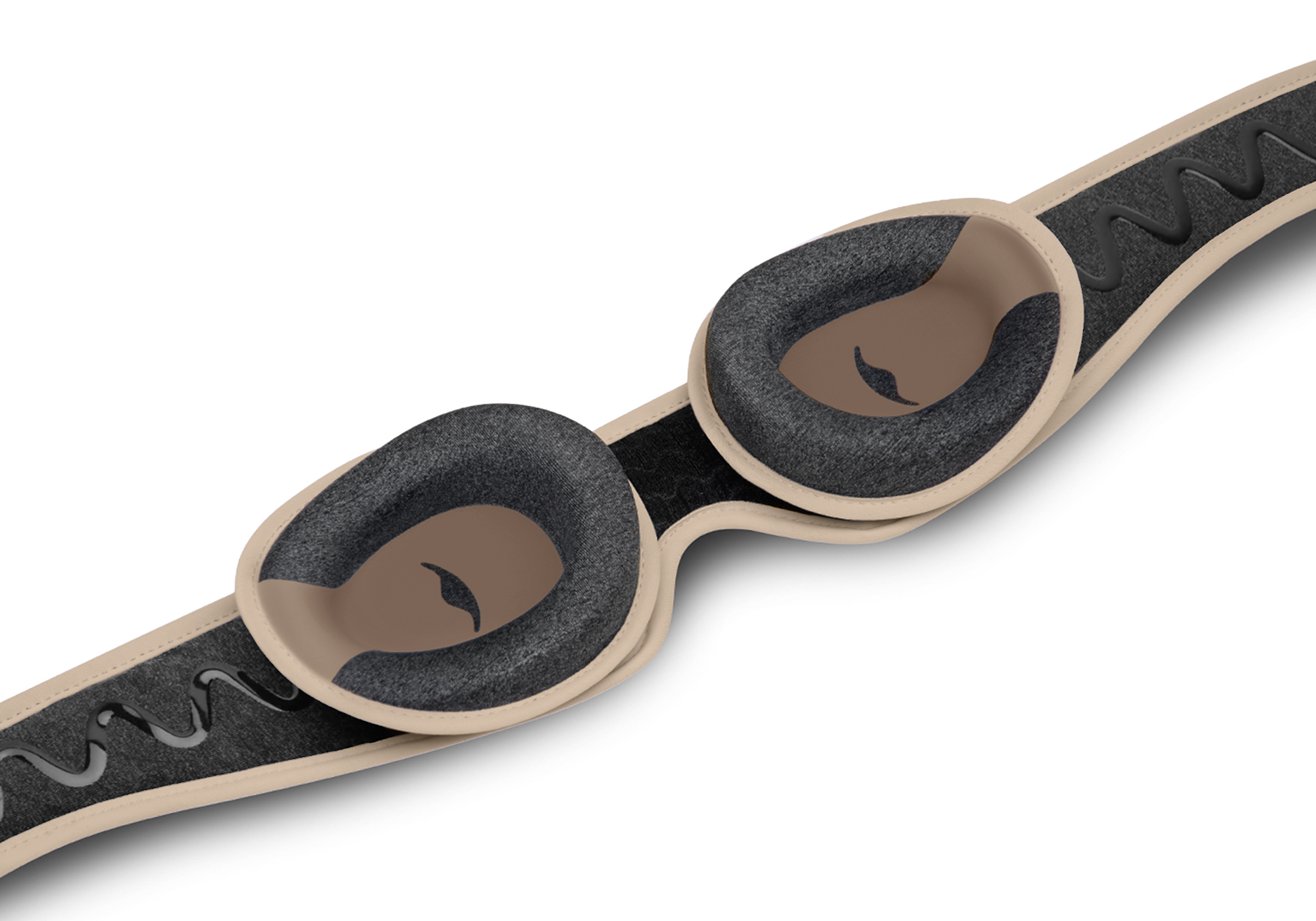 Inner view of the Manta PRO Sleep Mask showing two adjustable, grey foam C-shaped eye cups with a light brown interior and a central logo.