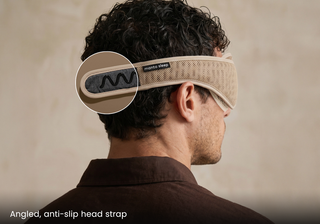 A man shown from the back wearing a Tranquil Taupe Manta PRO Sleep Mask, with a circular inset highlighting the anti-slip silicone grip on the head strap. The text at the bottom reads "Angled, anti-slip head strap".