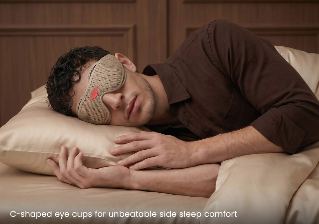 A man sleeping on a bed with a light brown Tranquil Taupe Manta PRO Sleep Mask around his eyes, wearing a brown shirt. Text at the bottom reads "C-shaped eye cups for unbeatable side sleep comfort".