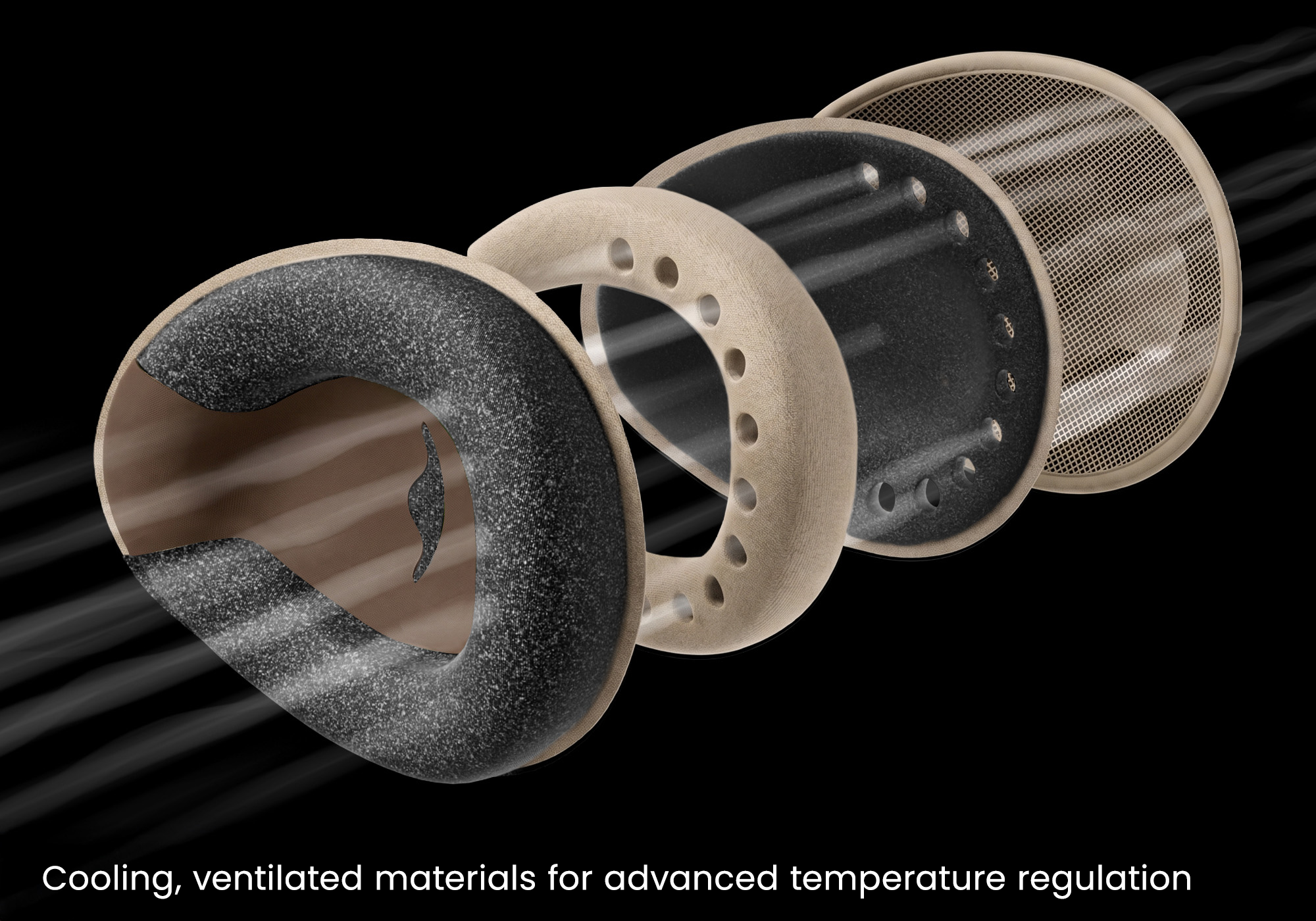 Exploded 3D diagram of a Tranquil Taupe C-shaped eye cup, showing air flowing through the perforated foam and mesh layers for breathability.