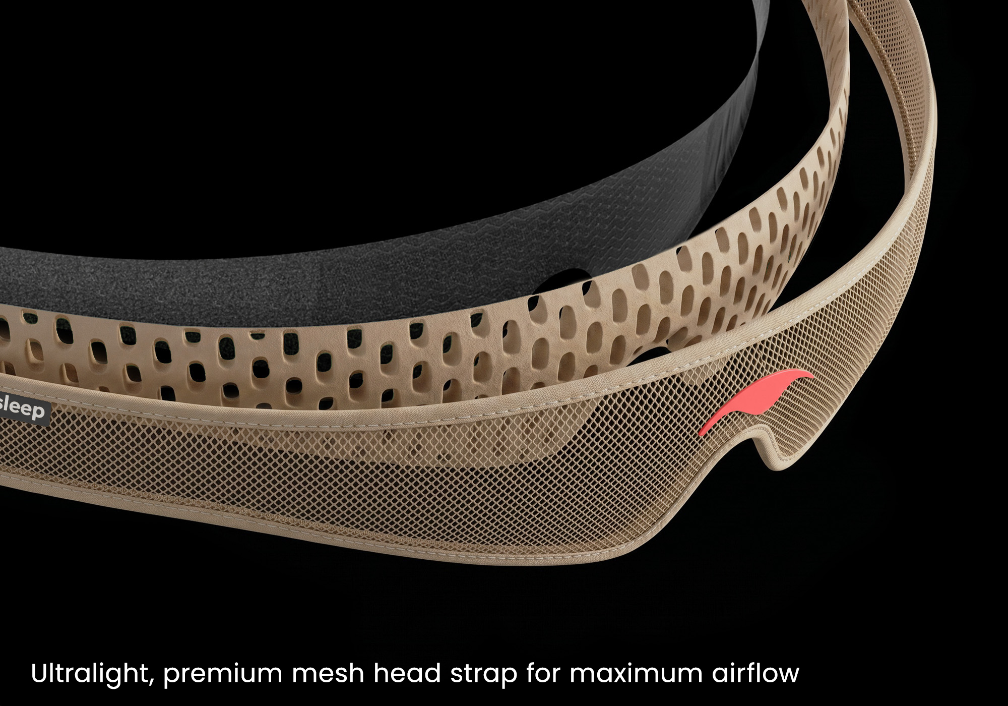 Exploded 3D diagram showing the layered construction of the Tranquil Taupe head strap, including outer mesh, perforated foam, and inner lining.