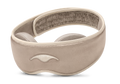 Three-quarter studio shot of the Manta SILK Sleep Mask in Tranquil Taupe, featuring an embroidered beige logo and a ruched back strap section.