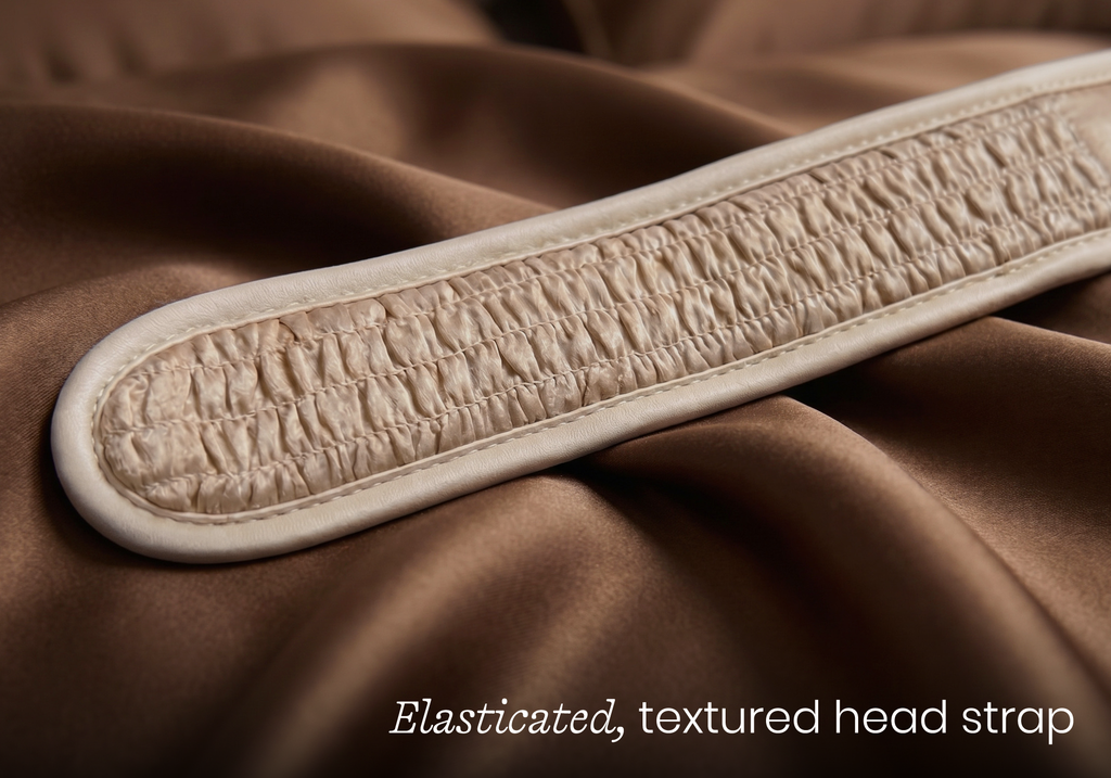 Macro close-up of a Tranquil Taupe Manta SILK Sleep Mask showing detailed ruching, captioned "Elasticated, textured head strap".