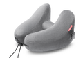 High-angle studio shot of an inflated grey plush Manta Travel Pillow with an adjustable front drawstring cord.