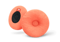 A pair of round orange Manta STEAM Eye Cups, showing the indented front side and the black hook-and-loop back side on white.
