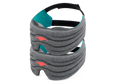 A product shot of two dark heather-gray Manta WEIGHTED Sleep Masks angled against a plain white background, stacked one onto another. The mask has a segmented, thickly padded front body with a vibrant coral-red Manta ray emblem on the left. The inner lining features a bright teal fabric section on the side panel, transitioning into a wide, adjustable black head strap.