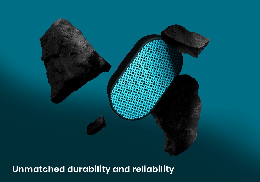 A Manta Sleep Booster Speaker floating amid shattered dark rocks against a deep teal background, captioned "Unmatched durability and reliability".