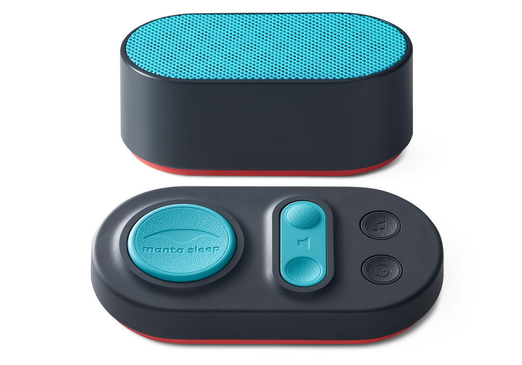 Front view of the oval Manta Sleep white noise speaker with a teal mesh top, paired with its matching teal-buttoned control pad.