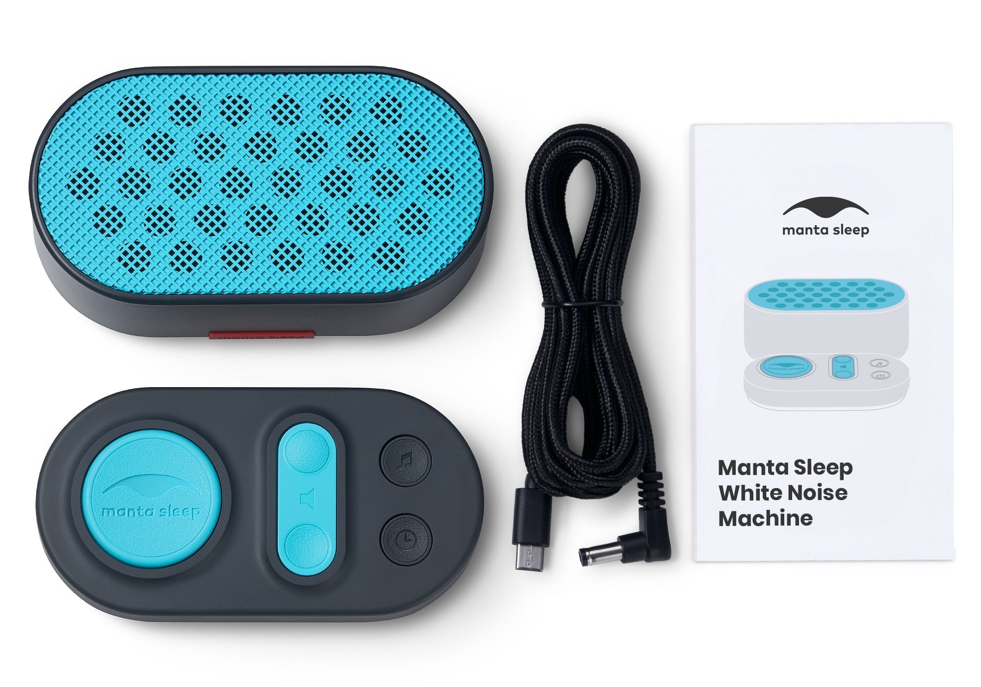 Top-down view of the Manta Sleep White Noise Machine contents: teal speaker, control pad, black braided power cable, and instruction manual.