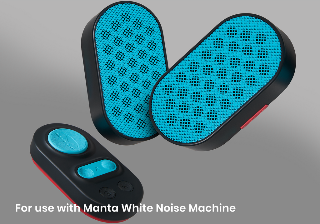 Two oval black speakers with teal grilles and a matching remote control pad floating on a gray background, captioned "For use with Manta White Noise Machine".