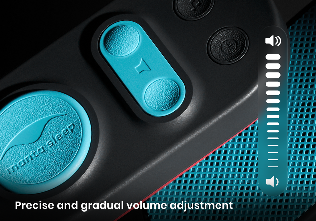 Close-up of the black and teal Manta Sleep control pad showing volume buttons alongside a graphic vertical volume adjustment bar.