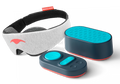 A heather grey Manta Sleep Mask Classic alongside a dark grey and teal Manta White Noise Machine speaker and its matching remote control.
