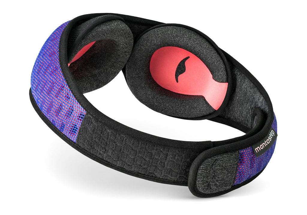 Angled inner view of the Manta Sleep Mask PRO showing the contoured grey foam eye cups with red lining and the wide, padded head strap.