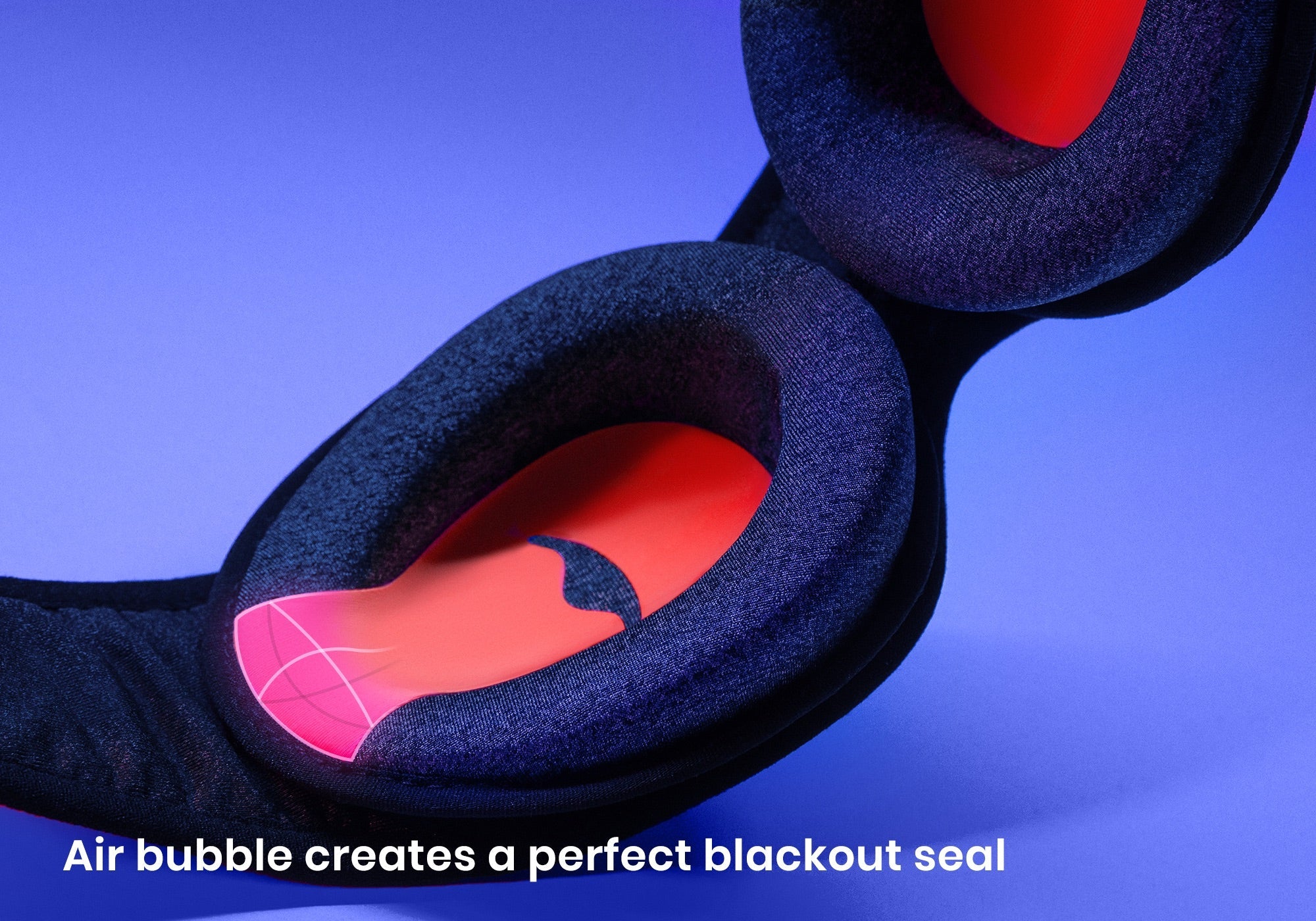 Close-up on the interior of an eye cup, with a pink highlighted overlay showing the tapered edge designed for side sleepers, captioned "Air bubble creates a perfect blackout seal".