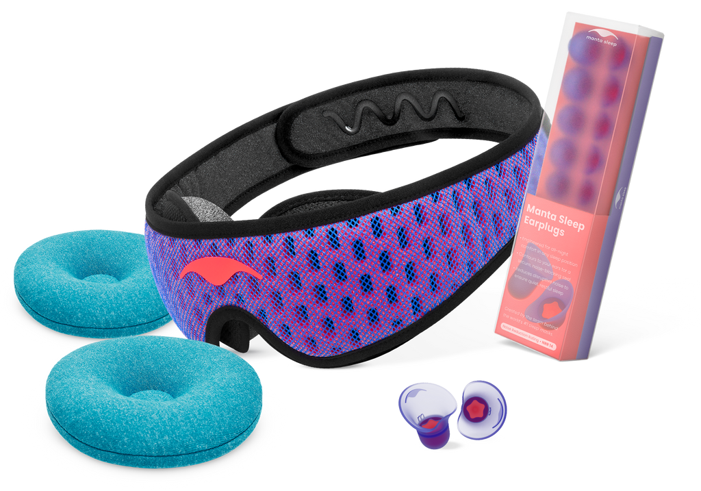 The Wake Up Ready Bundle, featuring a purple Manta PRO Sleep Mask, two teal Manta COOL Eye Cups, and a box of Manta Sleep Earplugs.