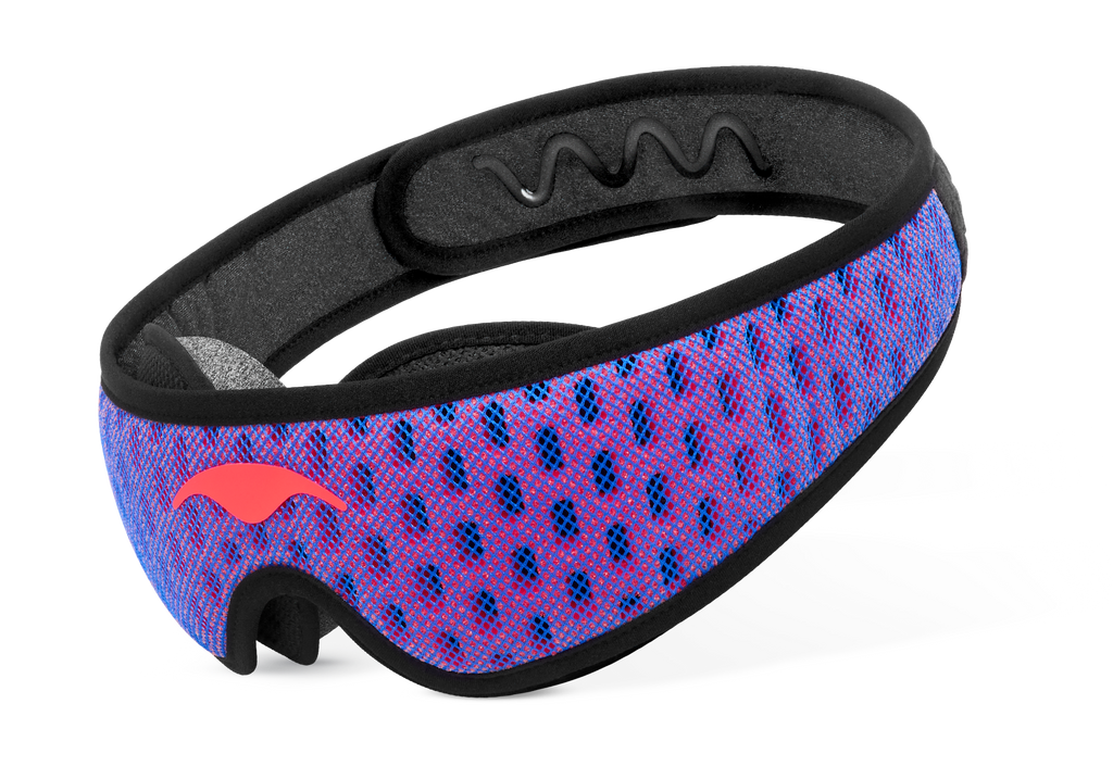 Three-quarter studio shot of the Manta Sleep Mask PRO with a blue and red mesh strap, black borders, and an coral-red Manta Sleep logo.
